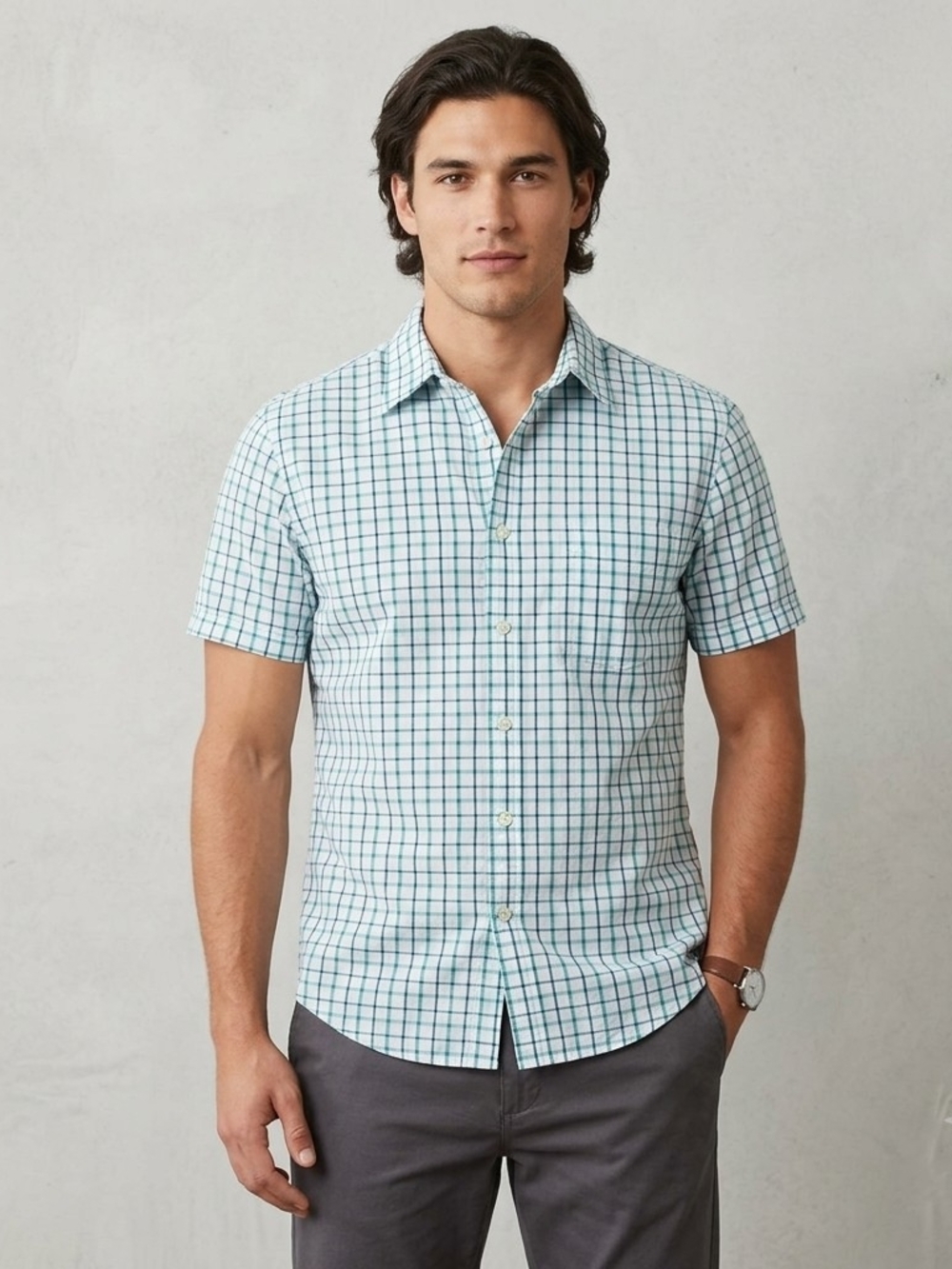 Arizona Jean Company Short-Sleeve Check Shirt in Light Blue and Navy. MS 45